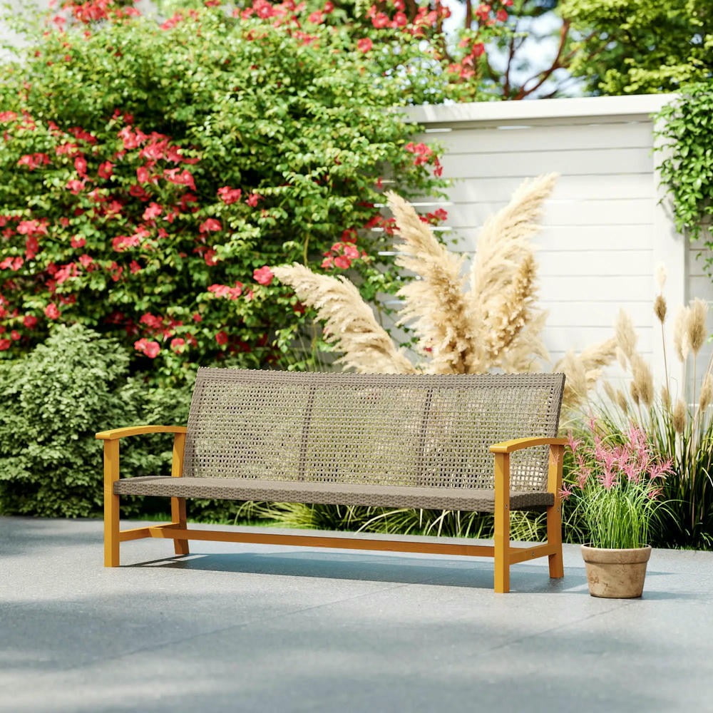 Barara King Patio Outdoor Sofa,3-Seat Wicker Outdoor Couch Patio Sofa, Acacia Wood Patio Furniture with Steel Seat Armrests, Teak