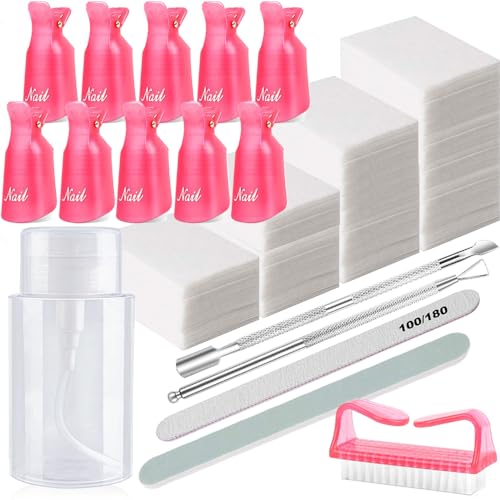 Nail Polish Gel Remover Tools Kit, Soak Off Cap Clip, 200ml Dispenser Bottle, UV Gel Polish Cuticle Pusher, 600 PCS Cotton Pads, Handle Brushes, 100/180 Nail File, Buffer Block, Finger Separators