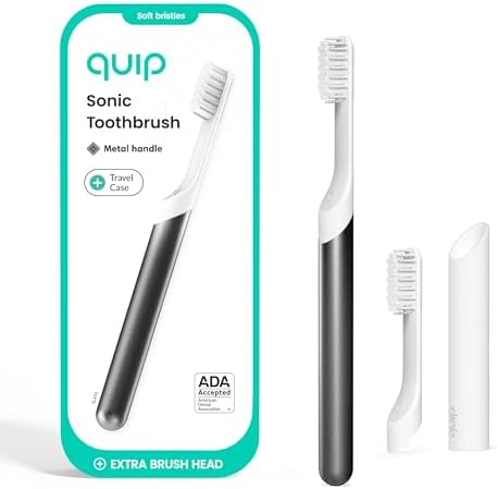 Quip Sonic Toothbrush for Adults with Timer - Includes Extra Brush Head and Travel Cover Mount - Electric, Soft Bristle Refill Head, Metal Handle, 3 Month Battery Life - Travel Toothbrush - Slate