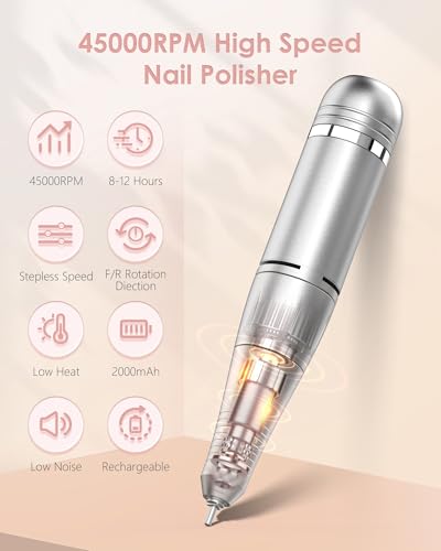 Portable Nail Drill Professional: 45000 RPM Rechargeable Electric Nail Drills Machine with 6 Bits, Drill para Uñas Profesional E File for Acrylic, Gel Nails, Manicure & Pedicure - Salon & Home Use