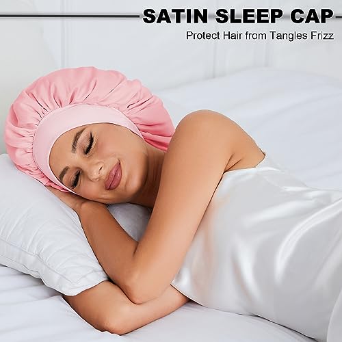 Silk Bonnet for Sleeping, Satin Hair Bonnets Large Sleep Cap for Women, Hair Wrap for Curly Hair Afros with Tie Band (Pink)*