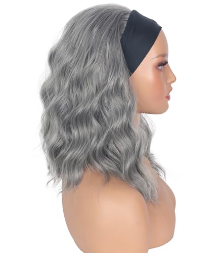 Silver Grey Wavy Headband Wig For Black Women Curly Half Wigs With Headband Attached Synthetic Wrap Wigs For Women(Gray)…
