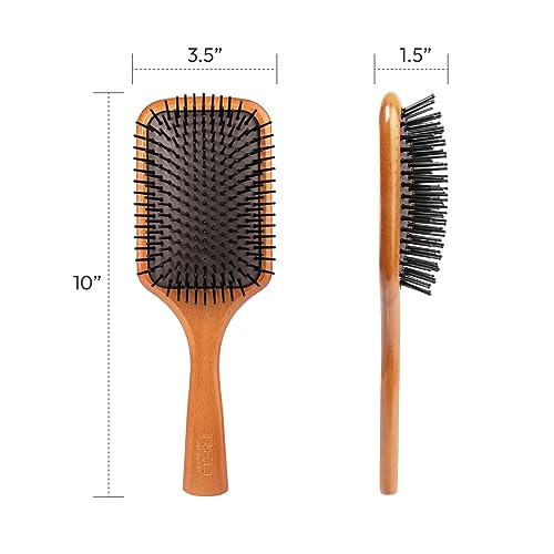 Red by Kiss Evergreen Wooden Square Paddle Hair Brush, 100% Beechwood, Long Bristles, Detangling, For All Hair Types, Sustainable, Painless Detangling, Air Ventilation Hole, Wet Dry Hair, Unisex