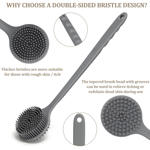 Men Shower Brush for Cleaning Body Soft Silicone Long Handle Exfoliator Back Scrubber, Grey