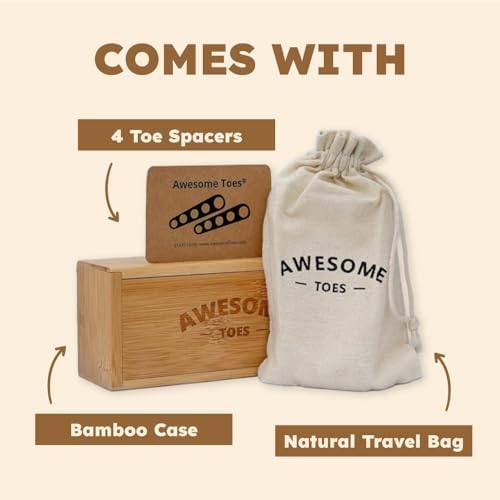 Awesome Toes Spacers & Separators, Fast Pain Relief from Hammertoe & Bunions, Two Pairs in Stylish Wooden Box, Latex-Free Rubber Toe Stretchers Used for Walking, Running & Yoga Practice