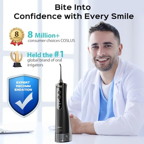 COSLUS Portable Water Flosser for Teeth: 10 Pressure Settings Professional Water Dental Pick for Orthodontic, Braces & Sensitive Gums - Cordless for Travel Use, for Adults Teens, BPA-Free, W40(WFP14)