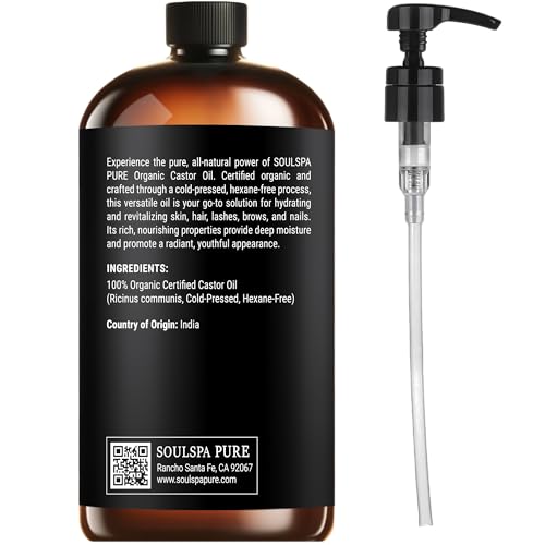 Organic Castor Oil for Hair, Scalp, Skin, Face & Eyelashes | USDA Certified | 100% Pure Castor Oil Organic Cold Pressed Unrefined Glass Bottle, Hexane Free - Soulspa Pure - 16 fl oz