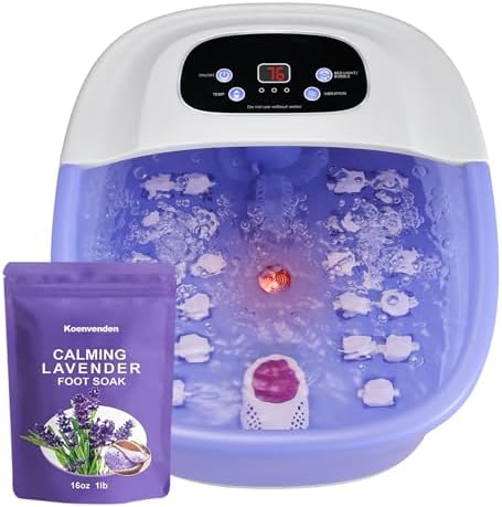 Foot Spa Massager with Heat, Bubbles & Vibration, 22 Rollers, Red Light, Adjustable Temp - Includes Lavender Epsom Salt - Purple