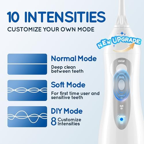 Mornwell Water Dental Flosser Teeth Pick for Teeth, Portable Cordless Water Flossers Oral Irrigator with 10 Intensity 4 Jet Rechargeable IPX7 Waterproof Water Tank Flosser Electric Travel (White)
