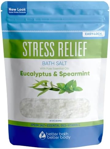 Stress Relief Bath Salt 32 Ounces (2 Lbs) USP Grade Epsom Salt with Natural Spearmint and Eucalyptus Essential Oils Plus Vitamin C in BPA Free Pouch with Easy Press Lock Seal Made in USA