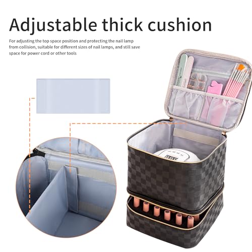 Portable Nail Polish Organizer Bag with UV Light Case - Holds 30 Bottles and 1 UV Nail Lamp, Double-Layers Nail Dryer Case for Gel Nail Polish Kit, Nail Art Decorations（Checkered Black）