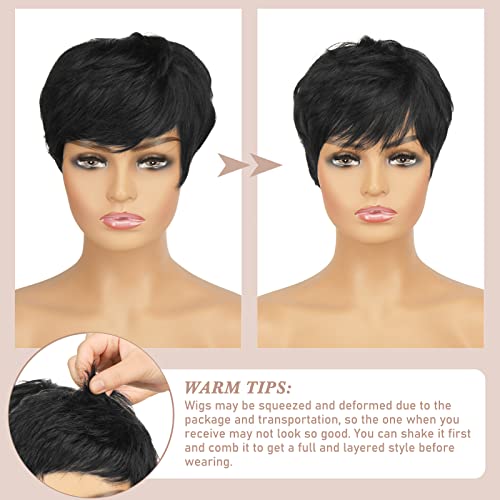 RUWISS Pixie Cut Wig Human Hair Pixie Wigs for Black Women with Bangs Natural Short Black Wig Layered Wavy Different Style Short Wigs for Black Women (1B#)