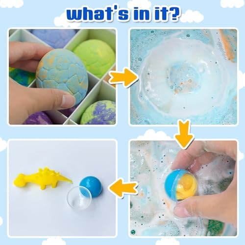 Easter Egg Bath Bombs for Kids with Surprise Inside, 12 Pack Kids Bath Bombs Gift Set for Easter Basket Stuffers, Dino Egg Bath Bomb Kit Fillers Bubble Bath Dinosaur Bath for Boys Girls Birthday