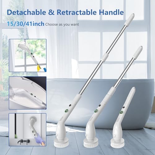 Electric Spin Scrubber, Cleaning Brush with 8 Brush Heads, IPX7 Waterproof LED Display, Adjustable Extension Handle Shower Scrubber for Bathroom Floor Tub Tile (White)