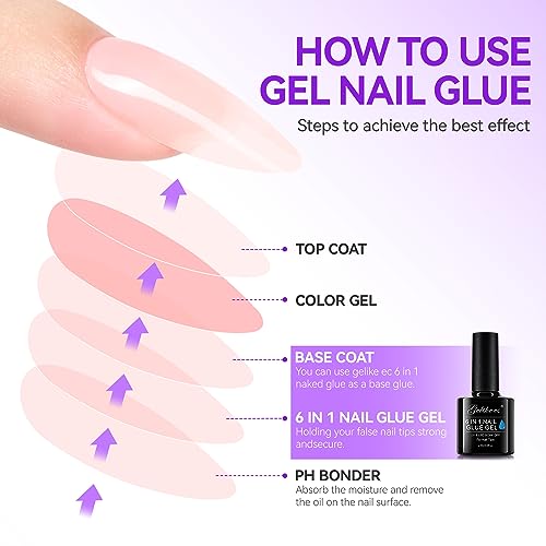Gelike EC Gel Nail Glue UV Light: 2PCS 6 in 1 Adhesive Polish, Strong Glue for Press On Nails Acrylic Tips, Long Last Kit Blooming Gel Gift for Home Salon DIY 32ML