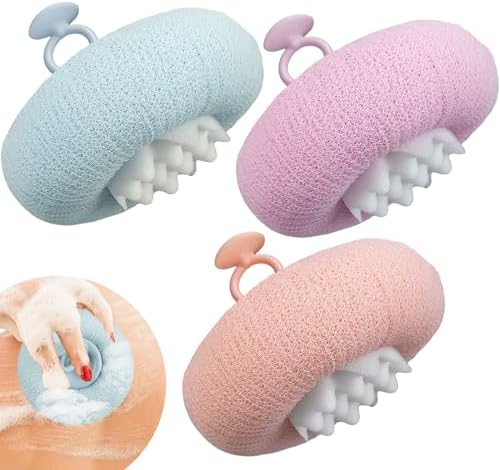 3Pcs 2-in-1 Sunflower Bath Ball, Super Soft Exfoliating Bath Sponge Cleaning Brush, Bath Loofah Sponge，Hangable Suction Cup Bath Ball for Women Men(Pink+Blue-Green+Purple)