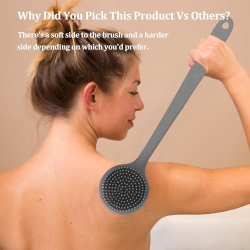 Men Shower Brush for Cleaning Body Soft Silicone Long Handle Exfoliator Back Scrubber, Grey