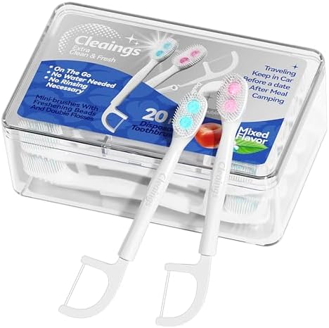 Disposable Toothbrushes with Double Cleaning Beads Toothpaste and Clean Floss Picks for Work or Travel - 20 pcs-Mixed Flavor（Pack of 1）
