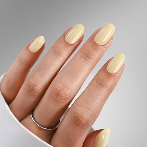 Spring Press on Nails Butter Yellow - GJZEZ Soft Gel False Nails, Short Round Manicure for Women, Salon Looking Comfort Fits Stick on Nails | 16 Sizes - 32 pcs Reusable Nail with Glue, Lemon Chiffon