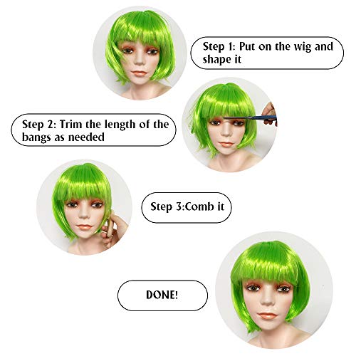 Short Bob Wig, 4 Pieces Colorful Wigs, 12" Cosplay Wigs with Flat Bangs, Neon Colored Wig for Women Party Favors Bachelorette Party Night Club with Extra Wig Cap