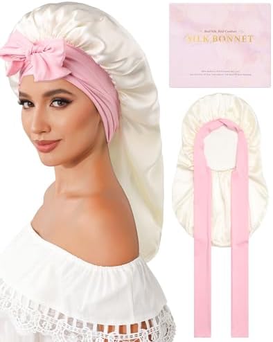 AWAYTR Silk Bonnet for Long Hair - 100% Mulberry Silk Bonnet for Sleeping Women or Kids with Adjustable Elastic Band