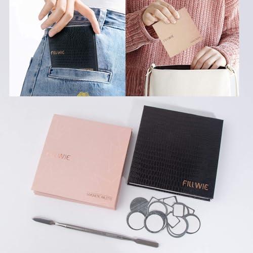 Small Empty Magnetic Makeup Palette with Mirror, Long Spatula, 20 Metal Stickers, Suitable for Eyeshadow Lipstick Blush Powder Highlighter and Contour, 2-Pack Palettes (Pink+ Black, Small)