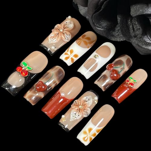 Handmade Press On Nails Square 3D Floral Cherry Blossom Leopard French Fake Nails wtih Design, Reusable Acrylic False Nails Gift Set (Cherry, S)