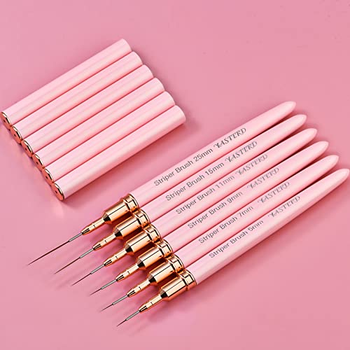 Striping Nail Art Brushes, 6pcs Super Fine Striper Brush Set for Long Lines, Thin Details, Fine Drawing, Delicate Coloring, Elongated Lines, Pink Metal Handle Nail Brushes (5/7/9/11/15/25mm)