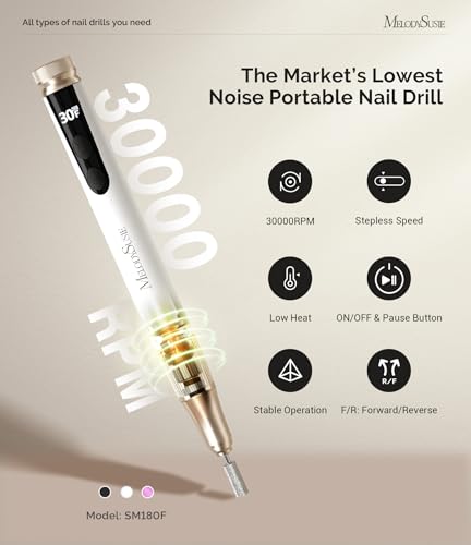 MelodySusie Electric Nail Drill, Portable Cordless Rechargeable Nail File Bits & Sanding Bands Kit for Acrylic & Gel Nails, 30000RPM Professional Efile for Manicure Pedicure Polishing, White SM180F