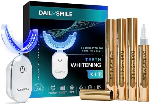 Revolutionary Teeth Whitening Kit for Sensitive Teeth, Instant Results to Help Remove Stubborn Stains, Hands-Free Waterproof Teeth Whitening Light & 4 Whitening Pens, Vegan