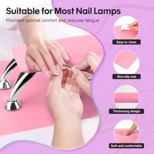 Arm Rest for Nails Tech with Table Mat for Salons and Home Manicures, Soft Microfiber Leather Nail Hand Rest for Relaxing Arms, Non-slip Height Hand Pillow Cushion Nail Salon Manicure (Pink)