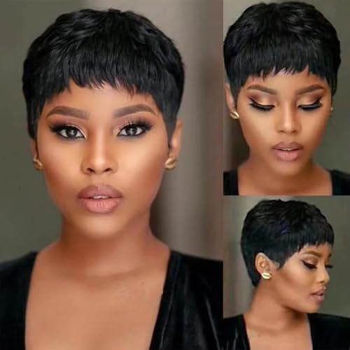 Pixie Cut Wig Human Hair Short Pixie Cut Wigs for Black Women Human Hair Glueless pixie Layered None Lace Front Wig with Bangs Natural Straight Full Machine Made 1B Color