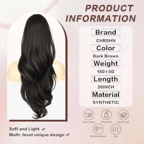 Ponytail Extension, Drawstring Ponytail Extension for Women 26 Inch Long Dark Brown Wavy Layered Pony Tails Hair Extensions Synthetic Clip in Ponytail Hairpiece for Women