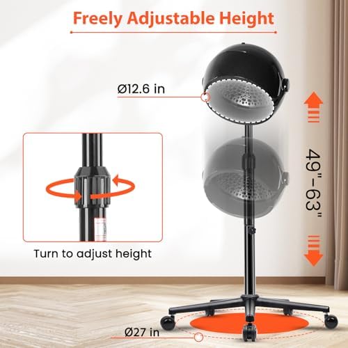 Hooded Hair Dryer, Stand Hair Dryer, Professional Hooded Dryer on Wheels with Digital Display, Touch Controls and 3 Temperature Settings for Salon and Home Use - Black