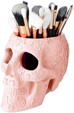 Skull Makeup Brush Holder, Pen Holder, Vanity, Desk, Office Organizer, Stationary, Decor Planter, Candy Bowl, Goth Decorations, Extra Large, Skulls Gothic Skull & Bones Organizer Bathroom (Cloud Pink)
