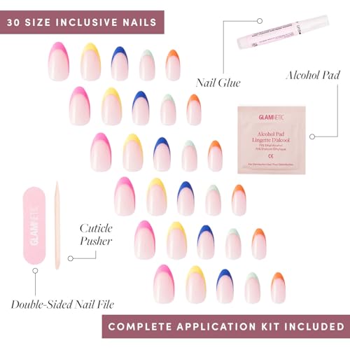 Glamnetic Press On Nails - Sprinkles | Rainbow French Tip Nails, UV Finish Short Pointed Almond Shape, Reusable Semi-Transparent Nails in 12 Sizes - 24 Nail Kit with Glue