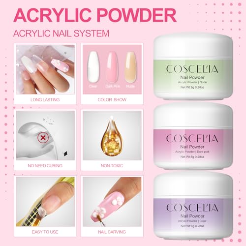 COSCELIA Acrylic Nail Kit for Beginners with Everything Nude Pink Clear Acrylics Powder with u v Light Glitter Decorations Professional Nails Kit Acrylic Set Gift for Women
