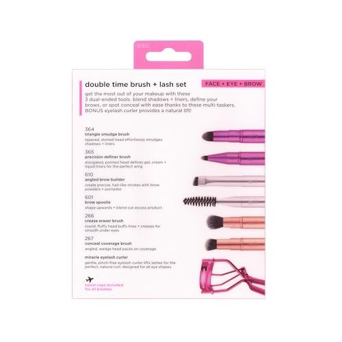 Real Techniques Double Time Brush + Lash 4 Piece Set, Dual-Ended Eye Makeup Brushes For Eyeshadow & Brows, Travel-Friendly Brush Caps For Storage, Eyelash Curler Included, Cruelty-Free