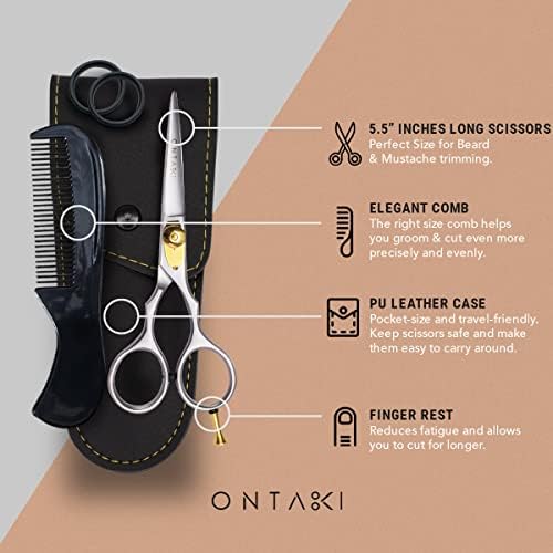 Ontaki Premium Hand-Forged Mustache & Beard Scissors 5.5" - Japanese Steel Barber Scissors - Bangs & Grooming Shears - Rest Hook Silver - Hair Shears - Beard Sheers