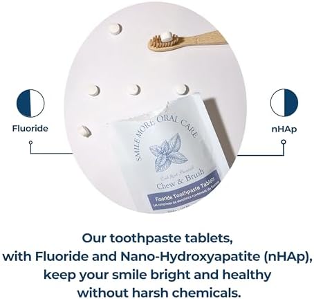 Smile More Toothpaste Tablets with Fluoride & nHAp - Vegan, Enamel Strengthening, Zero Waste, Paper Refill, 62 Tablets, Cool Mint, 1 Month Supply, Travel-Friendly