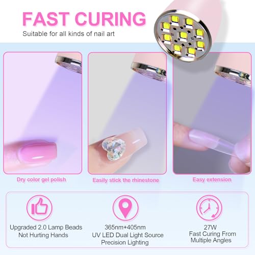 U V LED Nail Lamp, Goose Neck Flash Cure Lamp 27W Rechargeable Mini U V Light for Gel Nails, Cordless Flash Cure Light with 3 Timers&Sensor, Fast Curing Gooseneck Lamps for Gel X, Pink