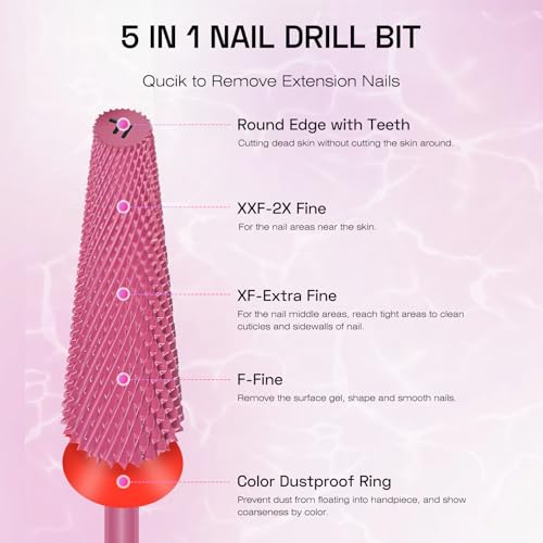 Depvko Super Long 5 in 1 Nail Drill Bits,Carbide Nail Drill Bit,3/32" Two Way Rotate Professional Drill Bit Nails,Nail Bits Fast Remove Acrylic or Hard Gel for Manicure,Pedicure,Nail Art (Fine-F, Red)
