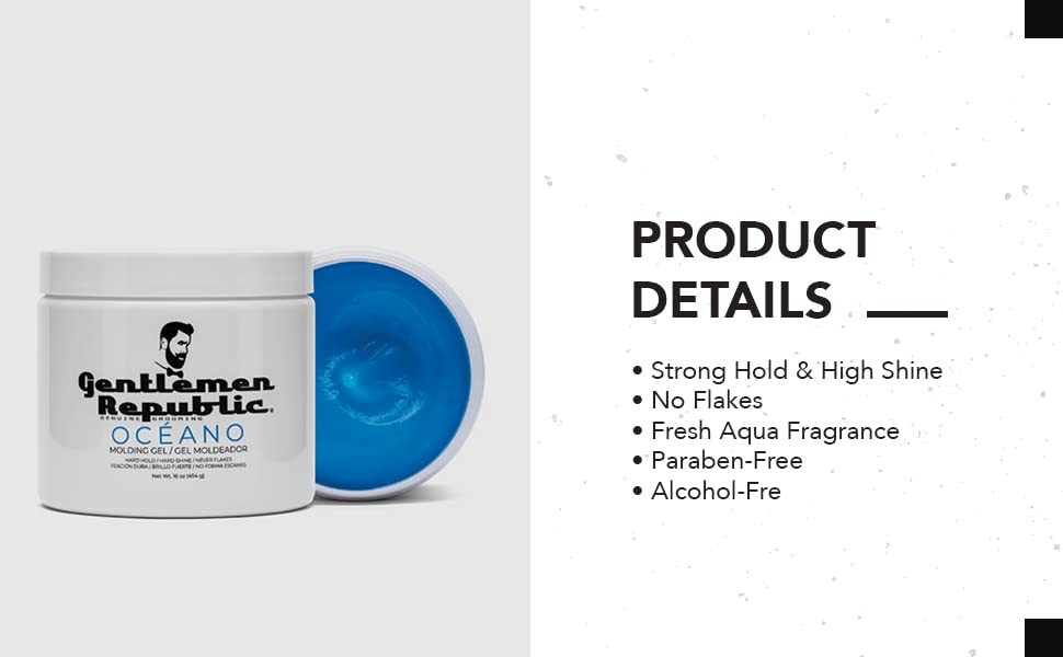 Gentlemen Republic Oceano Men's Hair Gel 16oz - Strong Touchable Hold and High Shine Styling Gel for Hair, 100% Alcohol-Free Professional Formula with Fresh Scent, Mens Hair Product Made in USA