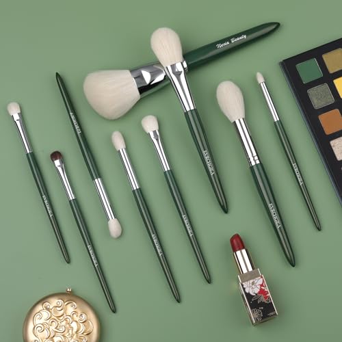 Natural Real Goat Hair Makeup Brushes Set Labeled 9 Piece Face and Eye Brush Set Ultra soft hair Foundation, Concealer, Blush, Contour, Blending, Eyeshadow Kabuki travel makeup brush set (green)