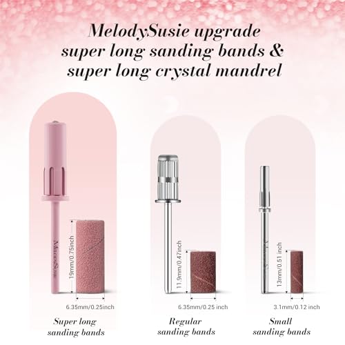 MelodySusie 50 Pcs Nail Drill Bits Super Long Sanding Bands with 6.65mm Crystal Mandrel Bit, 180 Fine Grit Nail File for Acrylic Nails Gel Manicures and Pedicure, Pink