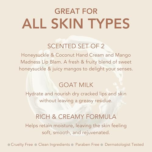 Dionis Goat Milk Skincare Hand Cream & Lip Balm Set - Safe For Sensitive Skin, Moisturize, Hydrate, Dry Chapped Lips and Skin, Cruelty Free, Honeysuckle & Coconut and Mango Madness, 1 oz and .28 oz