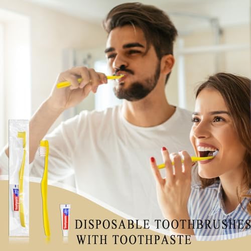 Disposable Toothbrushes with Toothpaste,200 Pack Yellow Hollow Individually Wrapped Disposable Travel Toothbrushes Kit in Bulk for Homeless,Nursing Home,Hotel,Charity