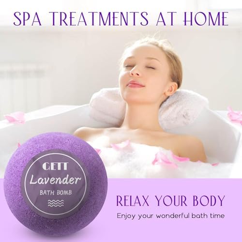 GETT Lavender Bath Bombs 4-pcs, Individually Wrapped Bath Bombs for Men & Women, Luxury Gift Set with Vegan and Essential Oils, Relaxing and Moisturizing Bubble Bath, Organic Bath Essentials for All