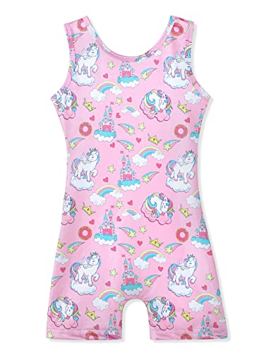 Girls Leotards for Gymnastics 5t Size 5-6x 5-6 Years Old With Shorts Unicorn Castle Pinkish Pink Sparkly Biketard