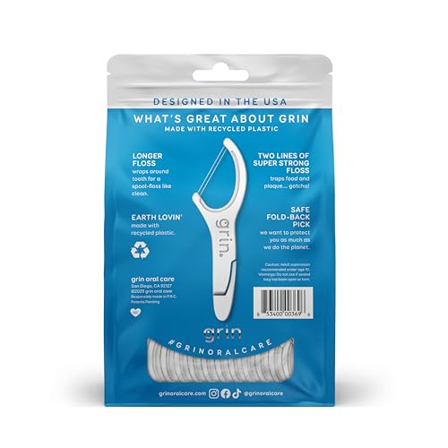 GRIN Double Flosspyx, Floss Picks, 150 ct, Dental Flossers, Minty Flavor, Recycled Plastic, 2 Lines of Strong Floss, Longer Floss Head, Traps Food and Plaque, Includes Safe Soft Fold-Back Tooth Pick